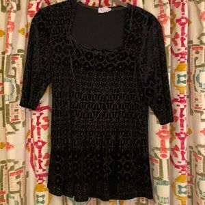 Anthro Black Burnout Velvet Square Neck 3/4 blouse